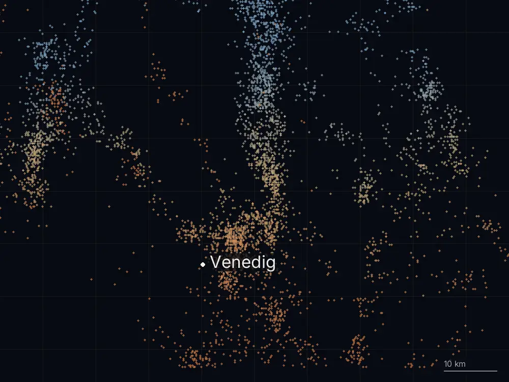 Karte der Blitze bei Venedig am Donnerstag, 15. Mai 2025