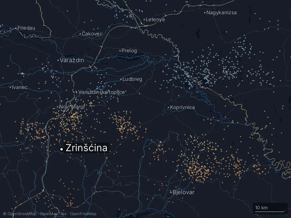 Karte der Blitze bei Zrinšćina am Donnerstag, 15. Mai 2025