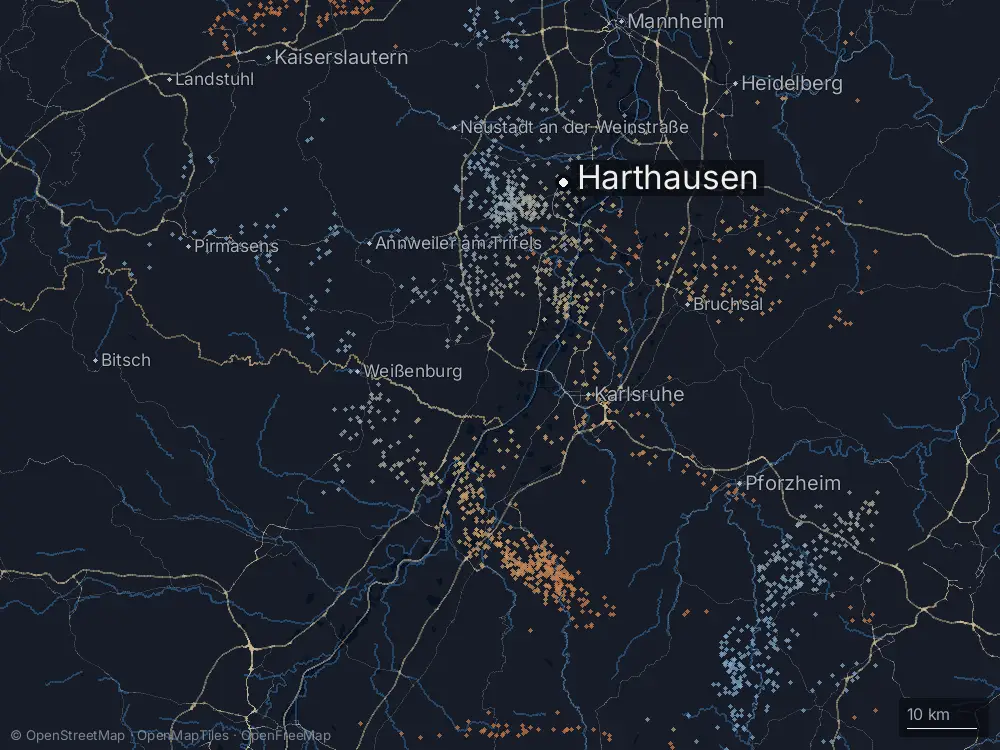 Karte der Blitze bei Harthausen am Mittwoch, 21. Mai 2025
