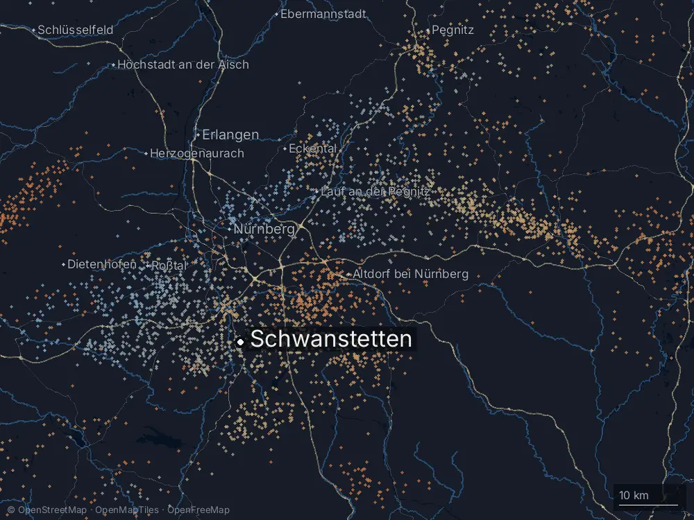 Karte der Blitze bei Schwanstetten am Sonntag, 1. Juni 2025