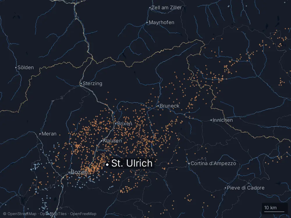 Karte der Blitze bei St. Ulrich am Montag, 2. Juni 2025