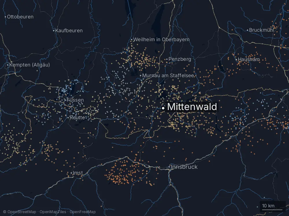 Karte der Blitze bei Mittenwald am Dienstag, 3. Juni 2025