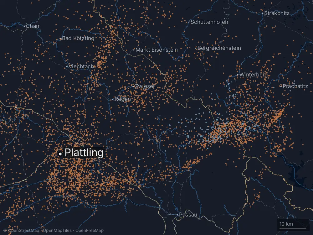 Karte der Blitze bei Plattling am Mittwoch, 4. Juni 2025