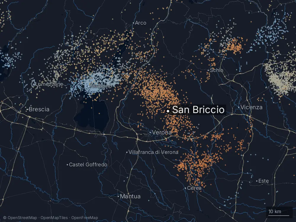 Karte der Blitze bei San Briccio am Donnerstag, 5. Juni 2025