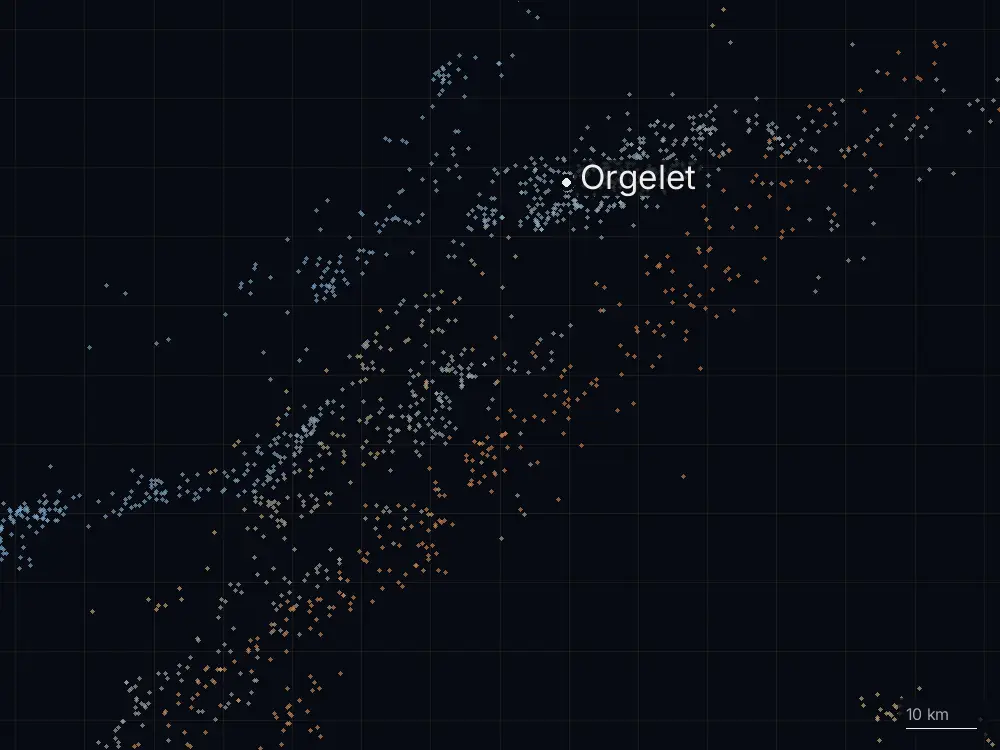 Karte der Blitze bei Orgelet am Freitag, 6. Juni 2025