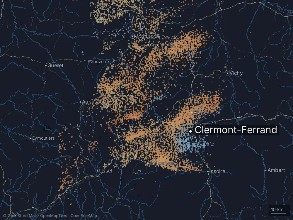 Karte der Blitze bei Clermont-Ferrand am Samstag, 14. Juni 2025