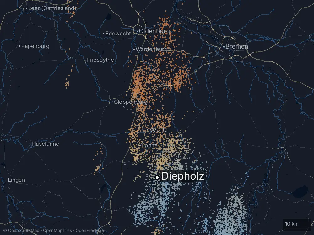 Karte der Blitze bei Diepholz am Samstag, 14. Juni 2025