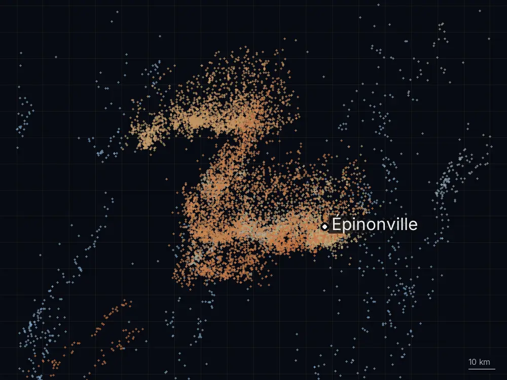 Karte der Blitze bei Épinonville am Samstag, 14. Juni 2025