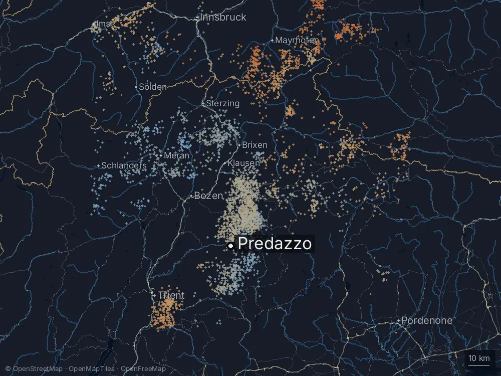 Karte der Blitze bei Predazzo am Samstag, 14. Juni 2025