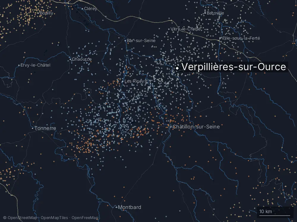 Karte der Blitze bei Verpillières-sur-Ource am Sonntag, 15. Juni 2025