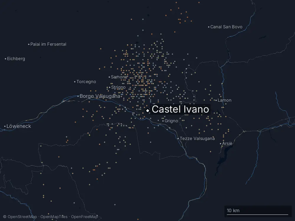Karte der Blitze bei Castel Ivano am Freitag, 20. Juni 2025