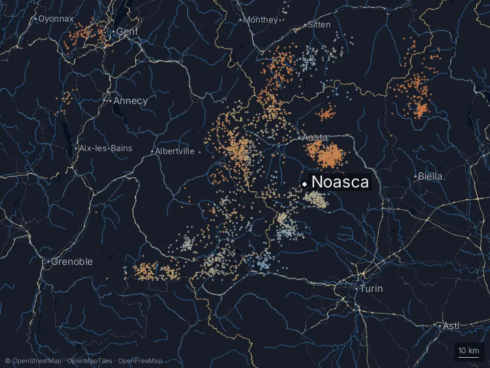 Karte der Blitze bei Noasca am Freitag, 20. Juni 2025
