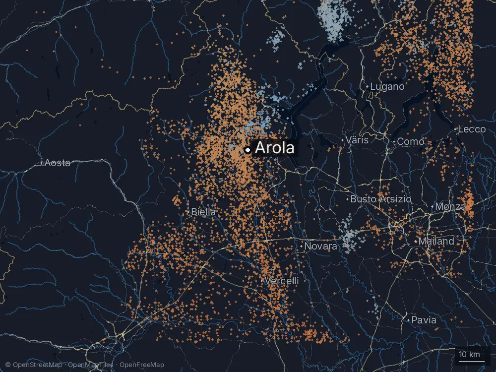 Karte der Blitze bei Arola am Samstag, 21. Juni 2025