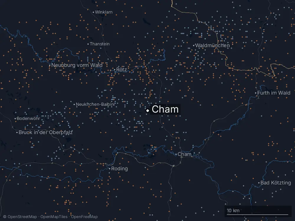 Karte der Blitze bei Cham am Montag, 23. Juni 2025