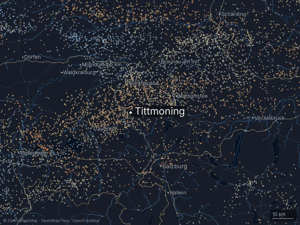 Karte der Blitze bei Tittmoning am Montag, 23. Juni 2025