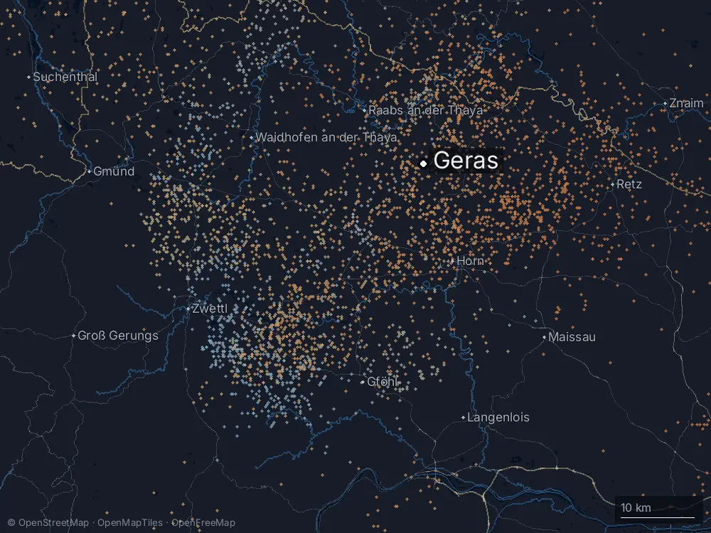 Karte der Blitze bei Geras am Donnerstag, 26. Juni 2025