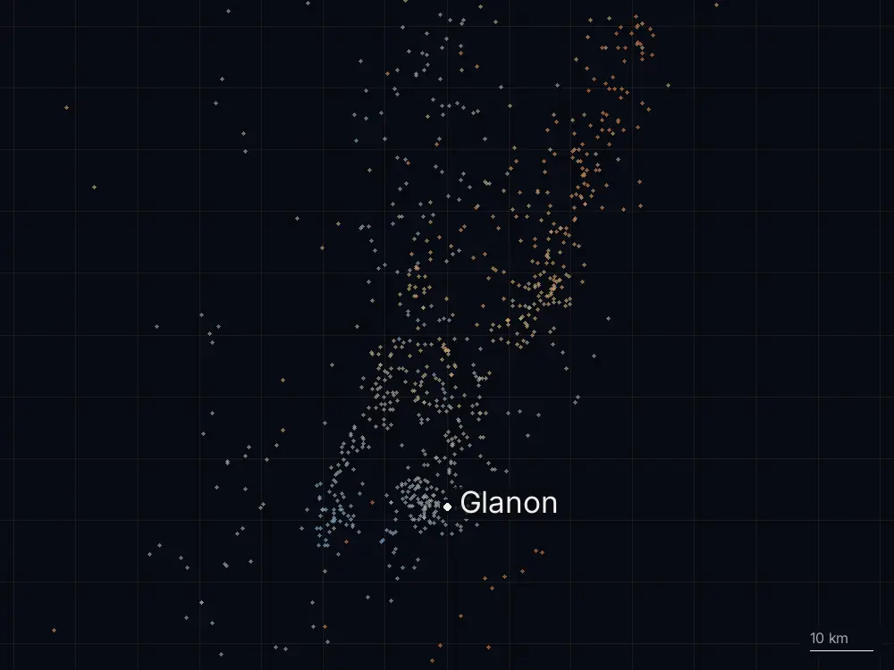Karte der Blitze bei Glanon am Donnerstag, 26. Juni 2025