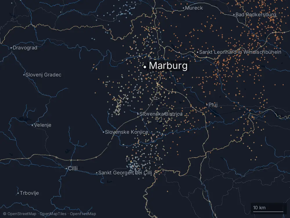 Karte der Blitze bei Marburg am Donnerstag, 26. Juni 2025