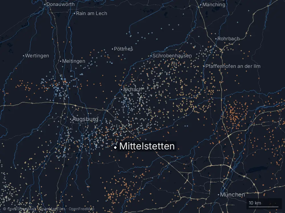 Karte der Blitze bei Mittelstetten am Donnerstag, 26. Juni 2025