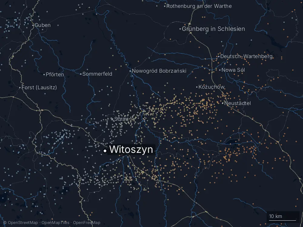Karte der Blitze bei Witoszyn am Donnerstag, 26. Juni 2025