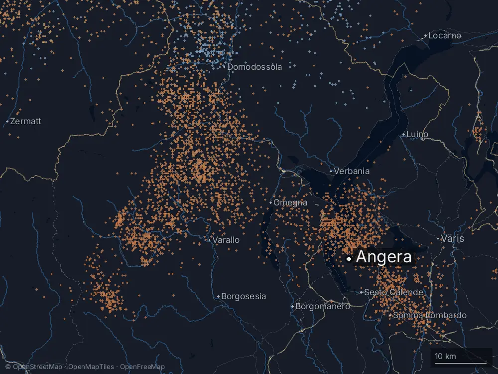 Karte der Blitze bei Angera am Montag, 30. Juni 2025