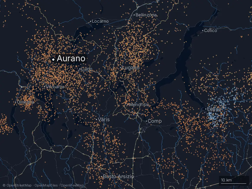 Karte der Blitze bei Aurano am Dienstag, 1. Juli 2025