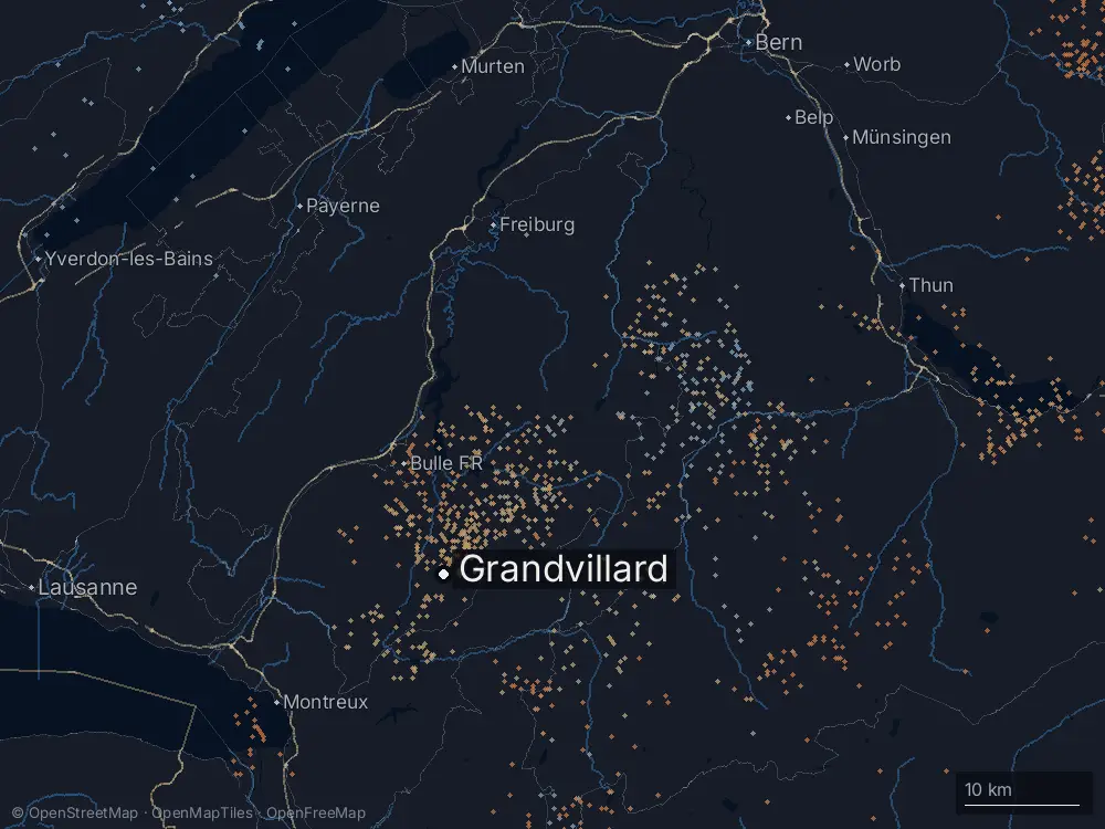Karte der Blitze bei Grandvillard am Dienstag, 1. Juli 2025