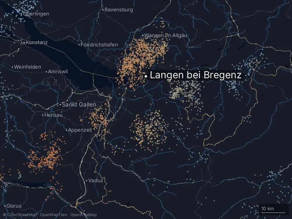 Karte der Blitze bei Langen bei Bregenz am Dienstag, 1. Juli 2025