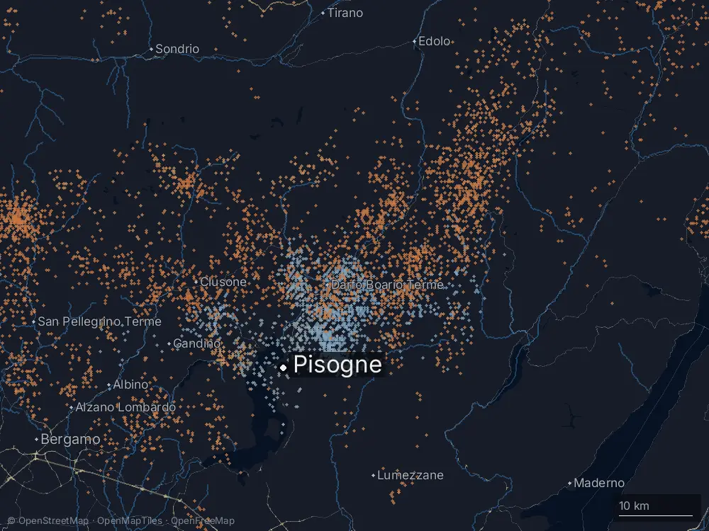 Karte der Blitze bei Pisogne am Dienstag, 1. Juli 2025