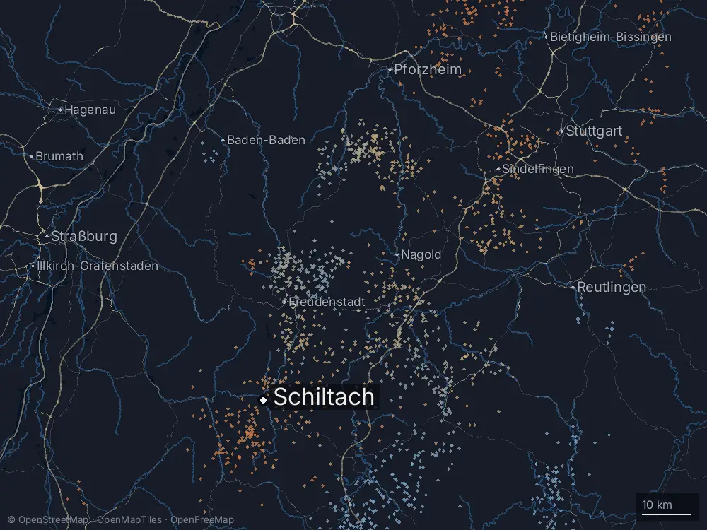 Karte der Blitze bei Schiltach am Dienstag, 1. Juli 2025