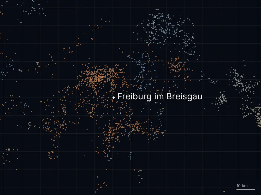 Karte der Blitze bei Freiburg im Breisgau am Mittwoch, 2. Juli 2025