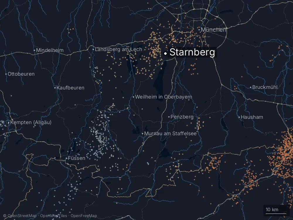 Karte der Blitze bei Starnberg am Mittwoch, 2. Juli 2025
