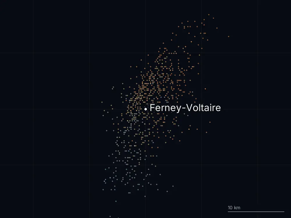 Karte der Blitze bei Ferney-Voltaire am Donnerstag, 3. Juli 2025