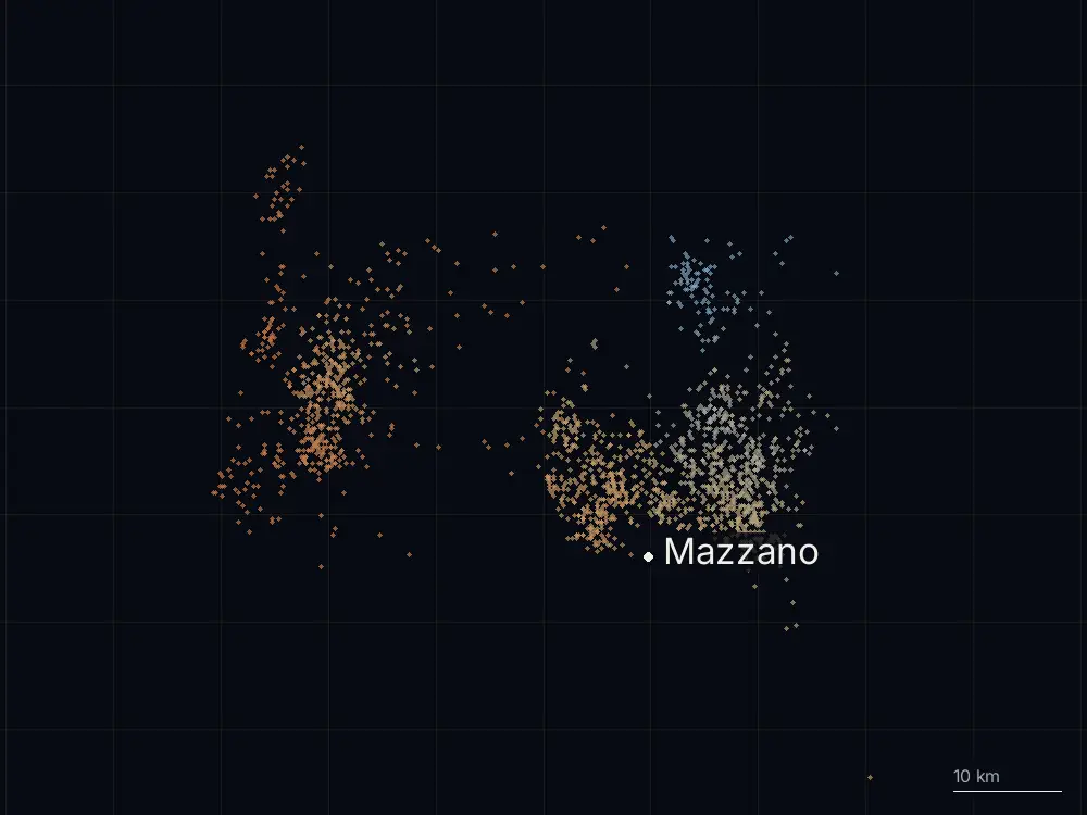 Karte der Blitze bei Mazzano am Freitag, 4. Juli 2025