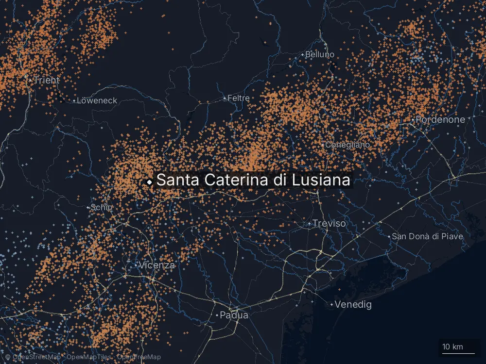 Karte der Blitze bei Santa Caterina di Lusiana am Montag, 7. Juli 2025