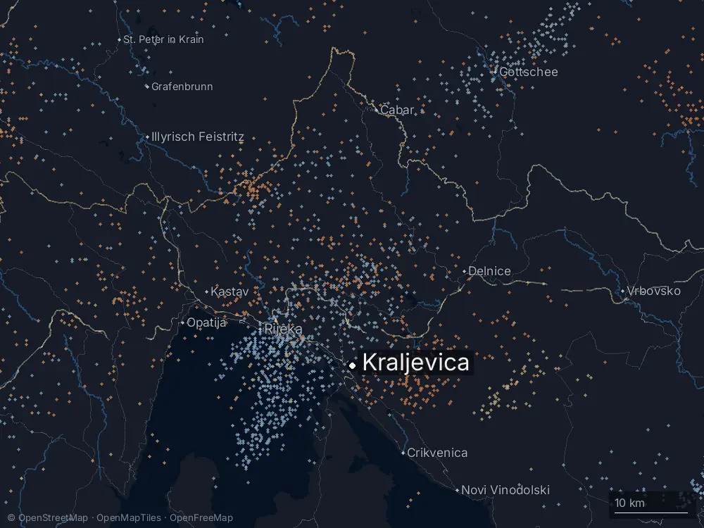 Karte der Blitze bei Kraljevica am Dienstag, 8. Juli 2025