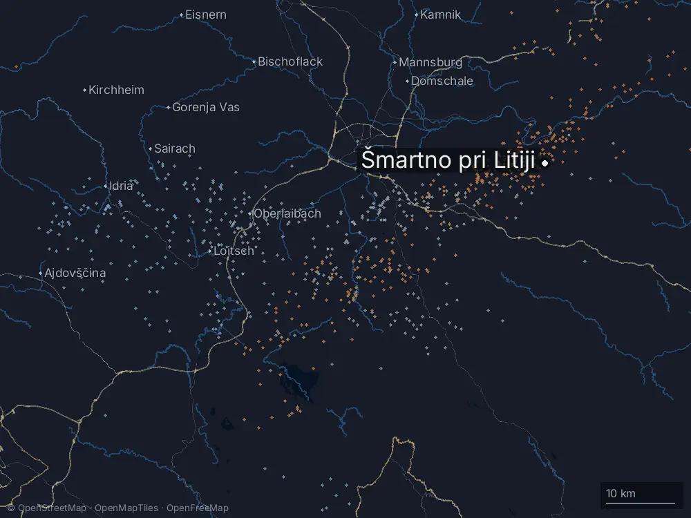 Karte der Blitze bei Šmartno pri Litiji am Sonntag, 13. Juli 2025