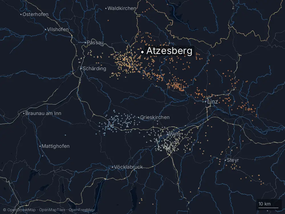 Karte der Blitze bei Atzesberg am Montag, 14. Juli 2025