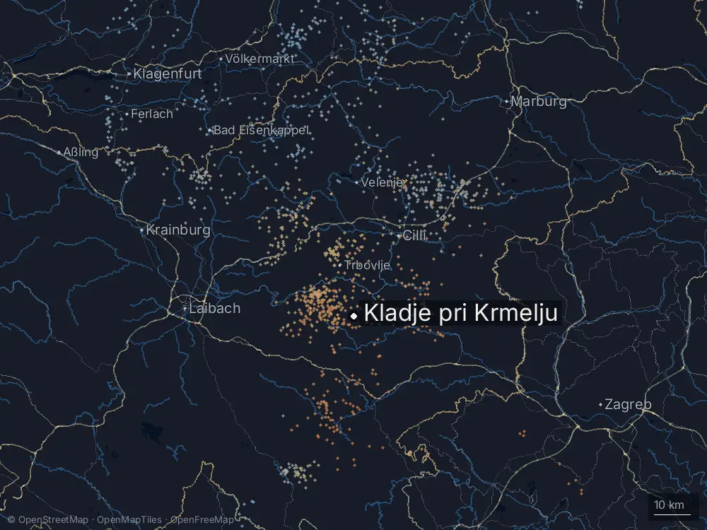 Karte der Blitze bei Kladje pri Krmelju am Montag, 14. Juli 2025