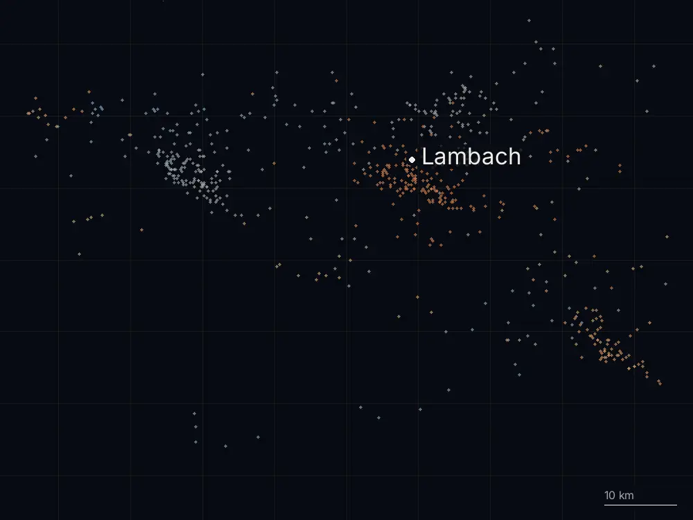Karte der Blitze bei Lambach am Montag, 14. Juli 2025