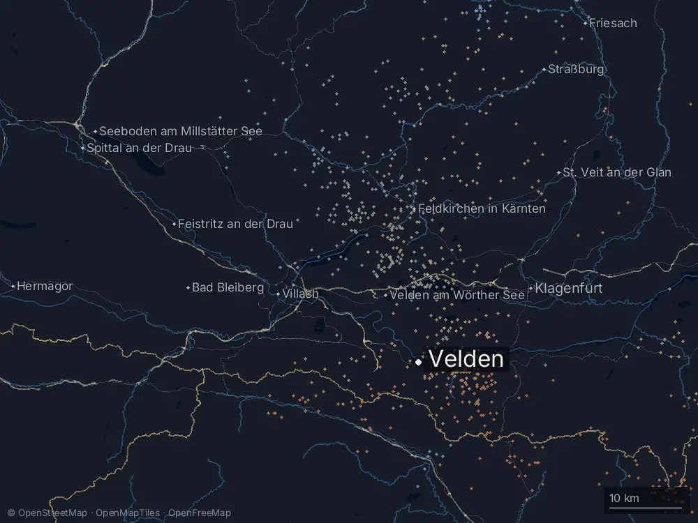 Karte der Blitze bei Velden am Montag, 14. Juli 2025