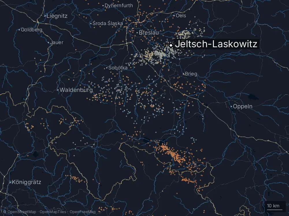 Karte der Blitze bei Jeltsch-Laskowitz am Dienstag, 15. Juli 2025