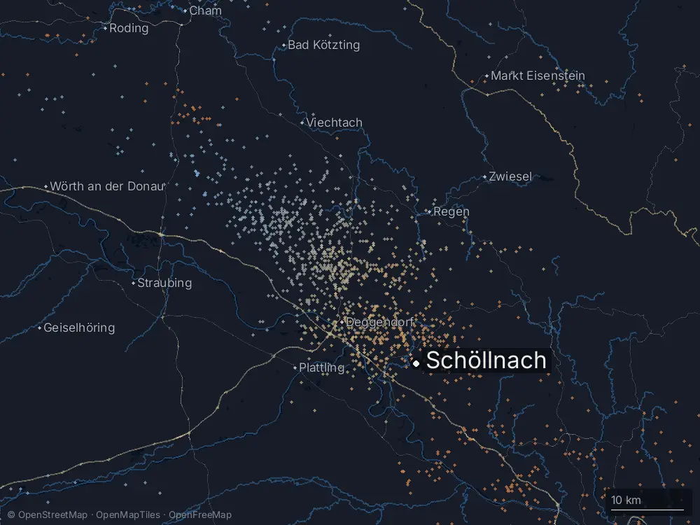 Karte der Blitze bei Schöllnach am Dienstag, 15. Juli 2025