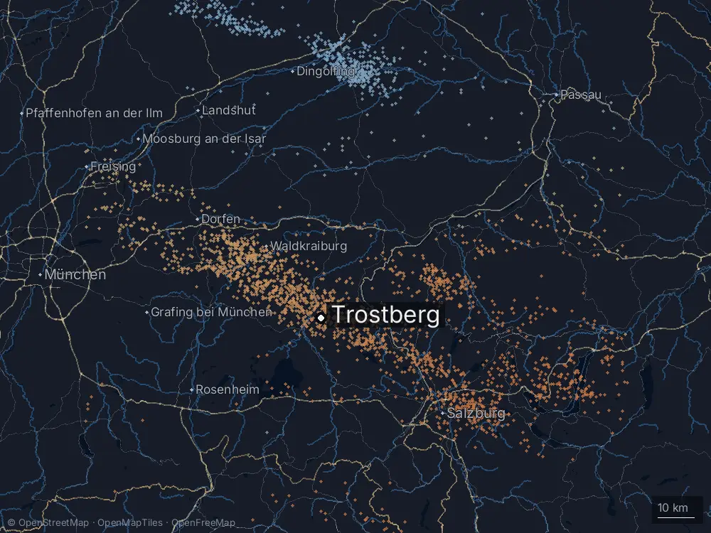 Karte der Blitze bei Trostberg am Mittwoch, 16. Juli 2025