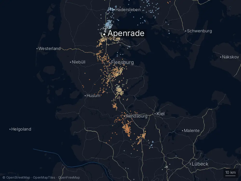 Karte der Blitze bei Apenrade am Freitag, 18. Juli 2025