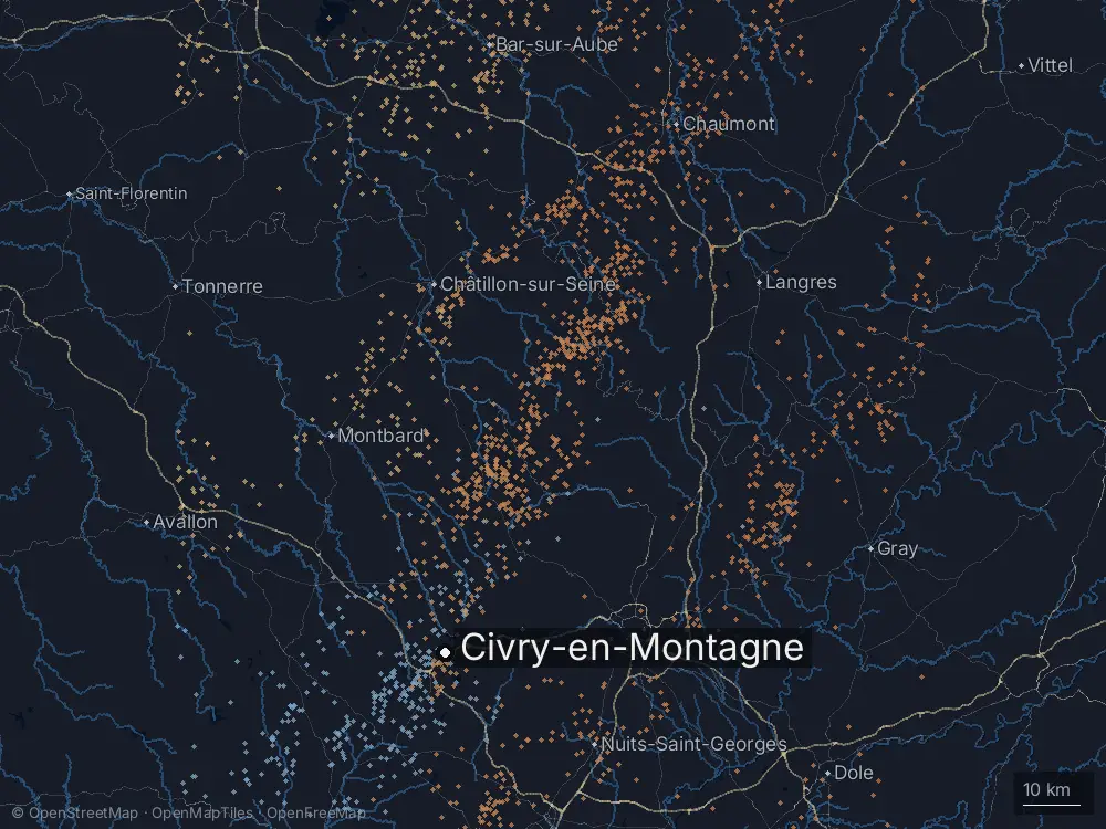 Karte der Blitze bei Civry-en-Montagne am Samstag, 19. Juli 2025