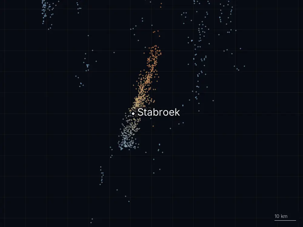 Karte der Blitze bei Stabroek am Samstag, 19. Juli 2025