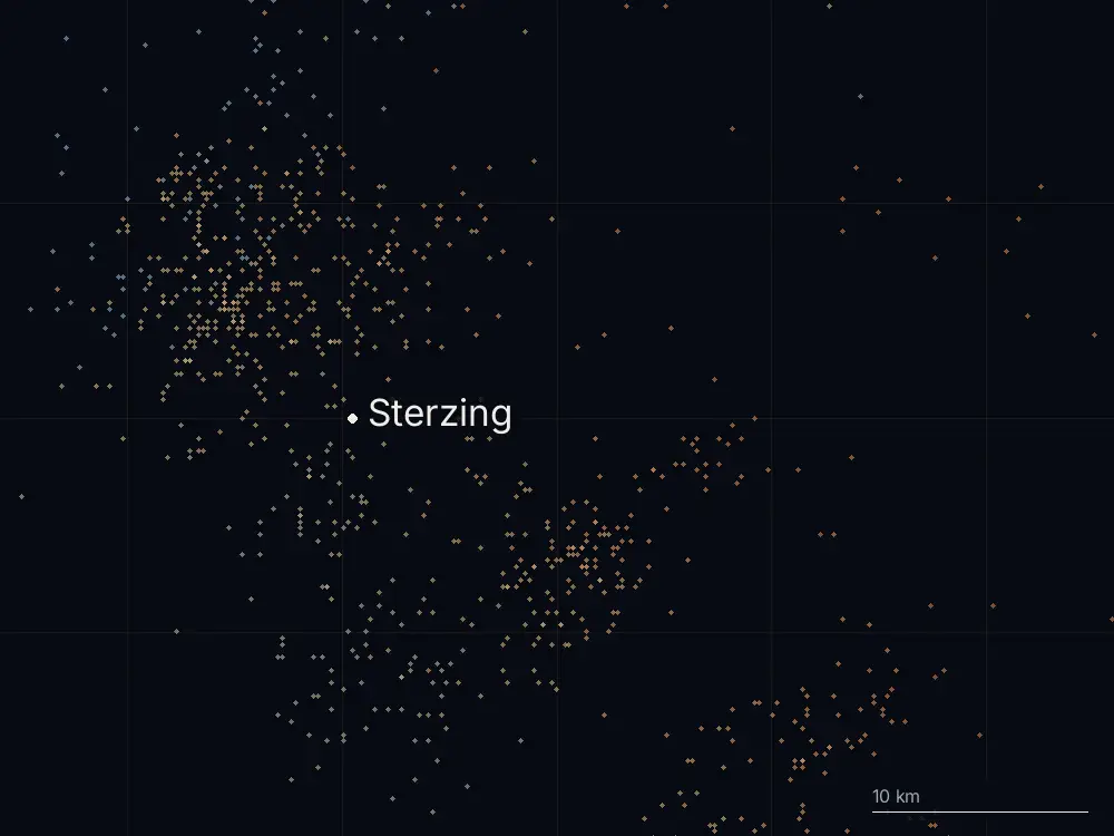 Karte der Blitze bei Sterzing am Samstag, 19. Juli 2025