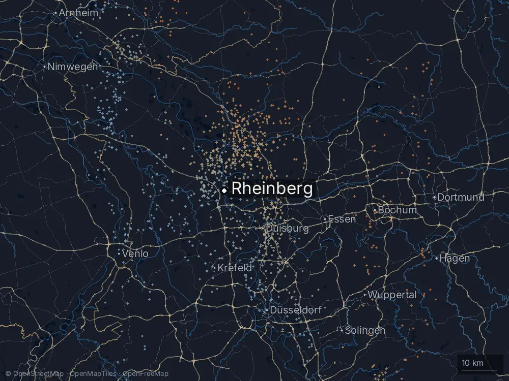 Karte der Blitze bei Rheinberg am Sonntag, 20. Juli 2025