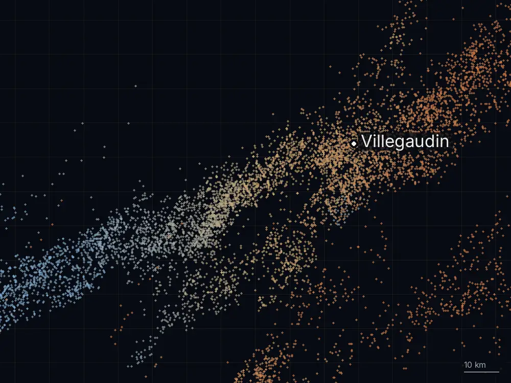 Karte der Blitze bei Villegaudin am Sonntag, 20. Juli 2025